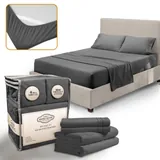Abeero Home Gray sheet set on a made bed with packaging bag, folded sheets and a corner-strap inset