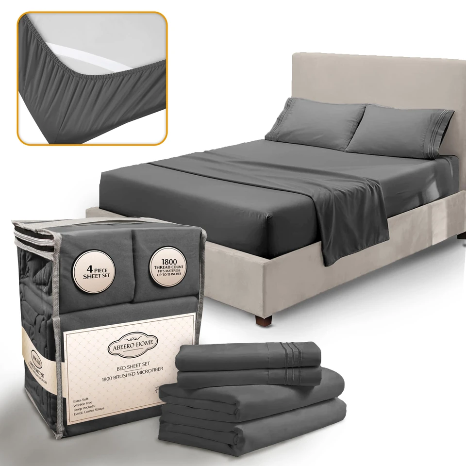 Abeero Home Gray sheet set on a made bed with packaging bag, folded sheets and a corner-strap inset