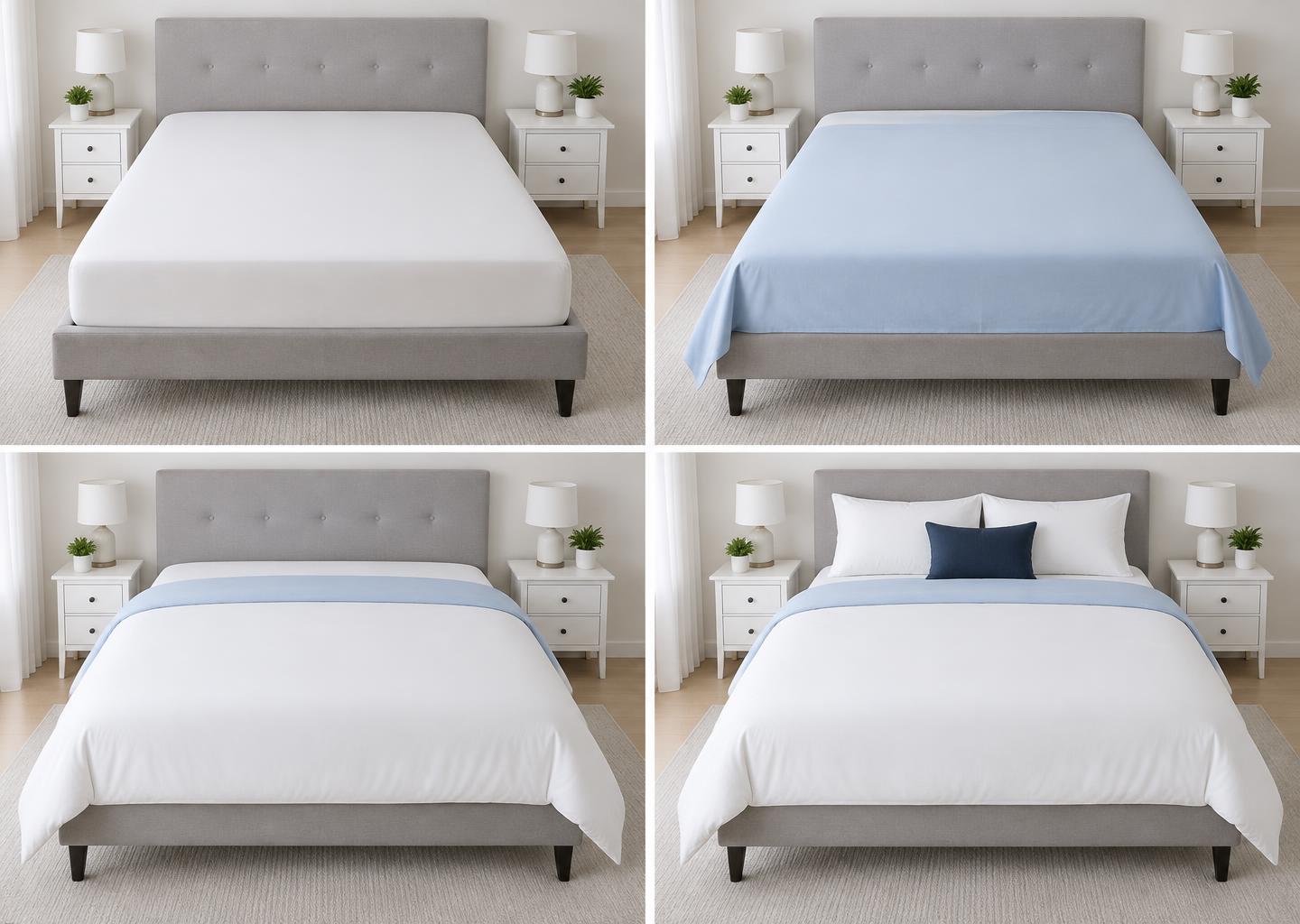 Four illustrative stages of the same bed: white base sheet, blue top sheet, white cover with blue fold-back, and pillows with a navy cushion.
