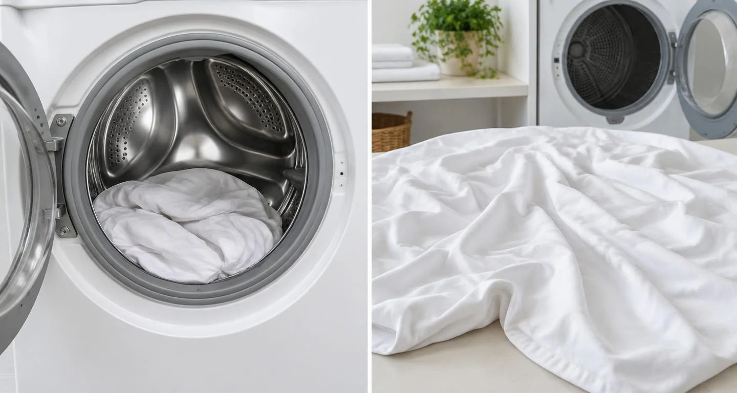 Illustrative open front-loading drum with loosely placed white fabric, beside white fabric spread out on a clean surface.