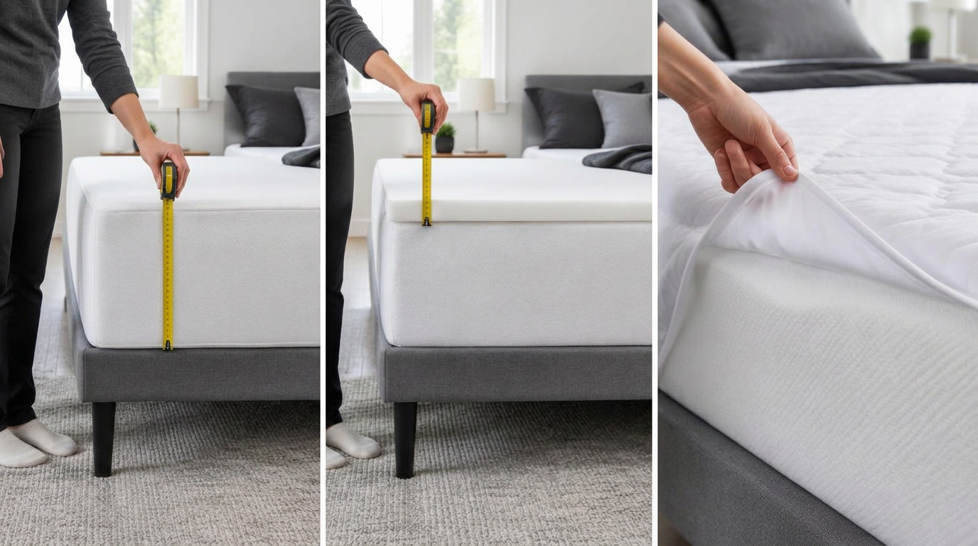 Generated three-panel example showing a tape beside a mattress, a topper and a lifted quilted protector.