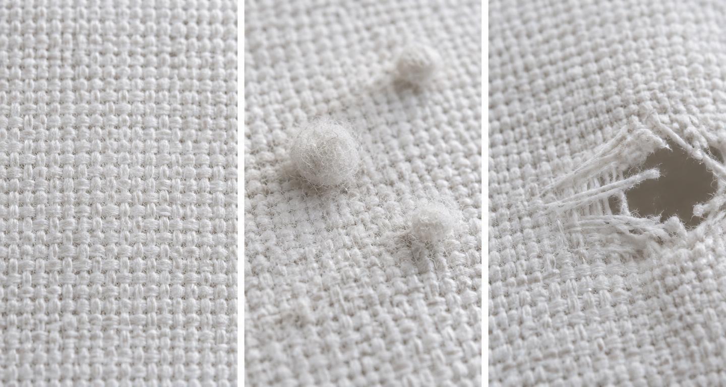 Three illustrative close-ups: intact woven surface, raised fiber balls, and an open tear with loose yarns.